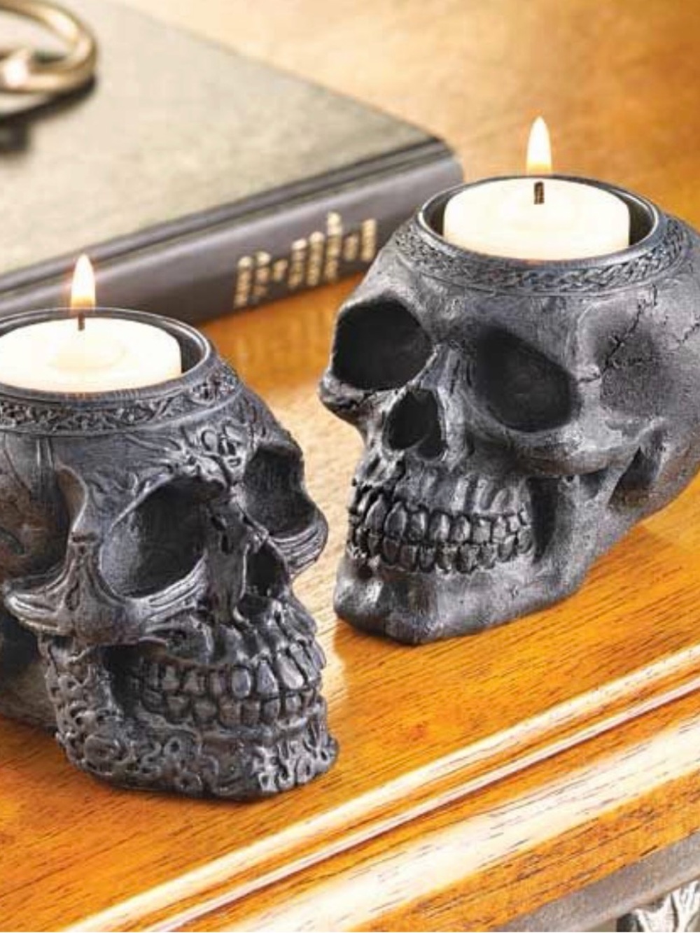 Decorative Black Skull Tea Light Candle Holders - Gothic Home Accent